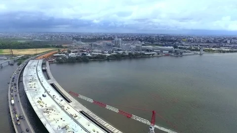 Douala bay's bridge and green islands Stock Footage 80901619