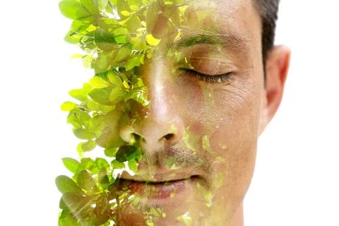 A doube exposure portrait of a half a man's face and green leaves Stock Illustration