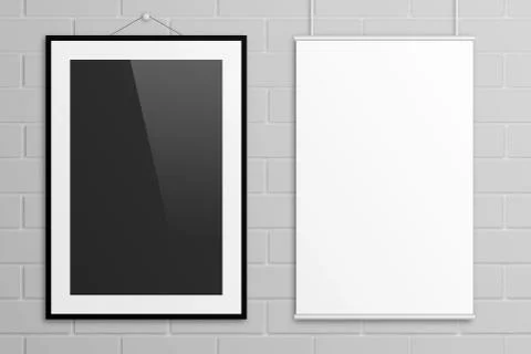 Double 3D illustration poster mock up with frame on grey brick wall Stock-Illustration