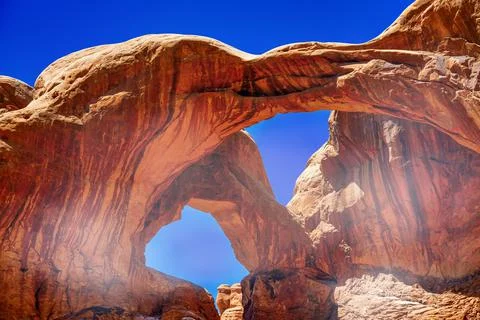 Double Arch ia a natural rock formation inside Arches National Park, Utah. La Stock Photos