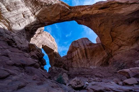 Double Arch in the windows section of  Arches National Park Utah Stock Photos