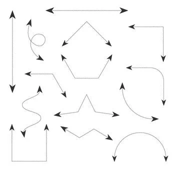 Double arrow set icons with dashed editable stroke and movable endpoint. Geom Illustrazione stock