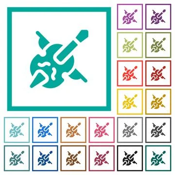 Double bass and bow solid flat color icons with quadrant frames Stock Illustration