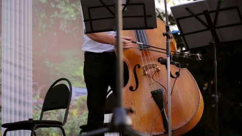 Double bass player contrabass playing. Symphony orchestra performing in park. Stock Footage 110601224