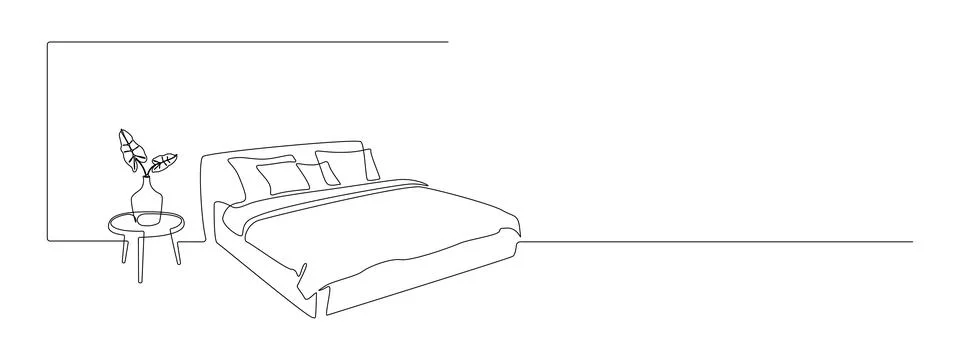 Double bed and table with vase and plant in continuous one line drawing Stock Illustration