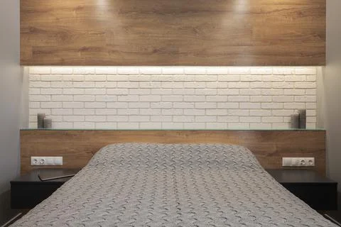 Double bed in the bedroom interior Foto stock
