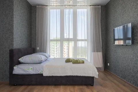 Double bed in the bedroom interior Photos