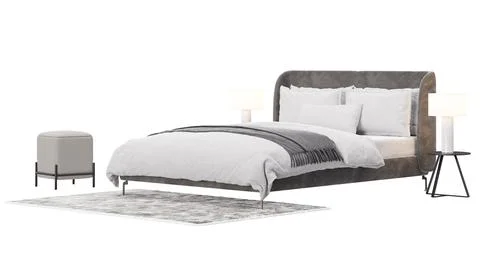 Double bed with carpet, pouf and lamps on white background, isolated. Side view Stock Illustration