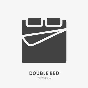 Double bed flat glyph icon. Bedding sign. Solid silhouette logo for interior Stock Illustration