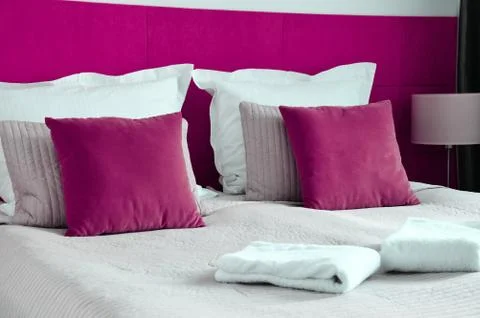 Double bed in hotel room. Accommodation Stock Photos