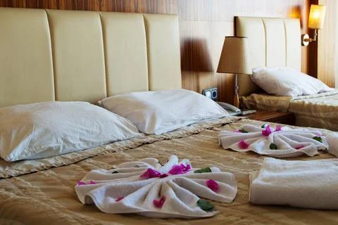 Double bed in hotel room. Accommodation Double bed in hotel room. Accommod... Stock Photos