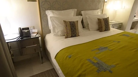 Double bed in a hotel room Stock Footage 105226671