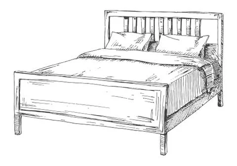 Double bed isolated on white background. Vector illustration in sketch style. Stock Illustration