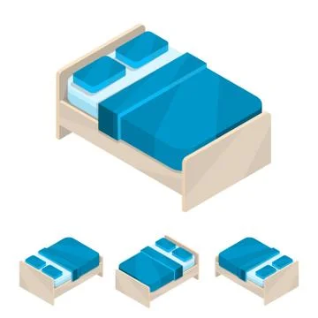 Double bed. Large new isometric blue furniture with bedding and pillows. Wooden イラスト素材