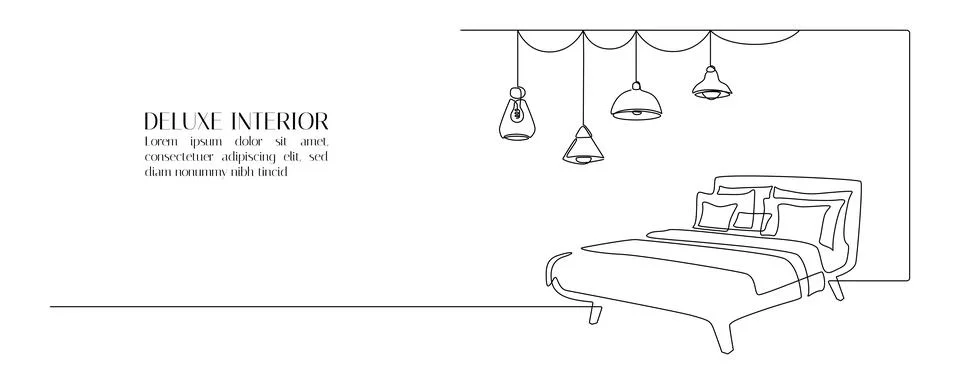 Double bed with loft lamp in continuous one line drawing. Scandinavian stylish Stock Illustration