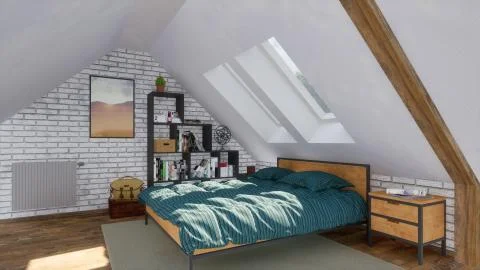 Double bed in modern bedroom on attic floor 3D Stock Illustration