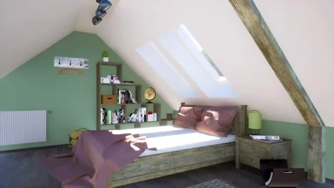 Double bed in modern bedroom interior in attic 3D animation Vídeo Stock 135768026