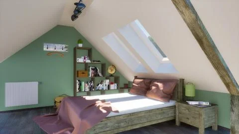 Double bed in modern bedroom interior in attic 3D  render Stock Illustration