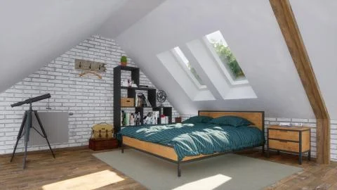 Double bed in modern bedroom interior in attic 3D Stock Illustration