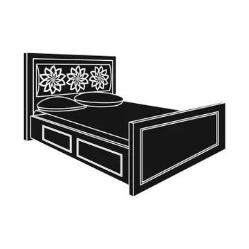 Double bed with red sheets.Bed with brown wooden headboard.Bed single icon in Stock Illustration