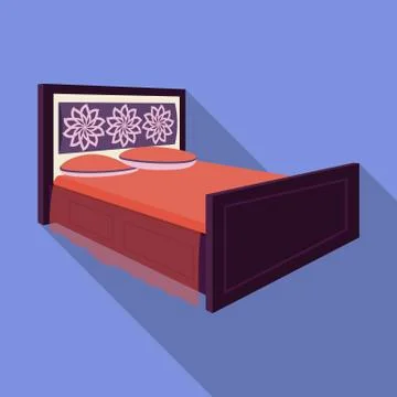 Double bed with red sheets.Bed with brown wooden headboard.Bed single icon in Stock Illustration