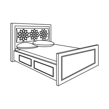 Double bed with red sheets.Bed with brown wooden headboard.Bed single icon in Stock Illustration