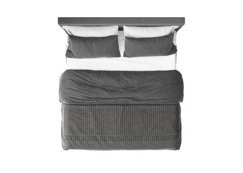 Double bed on white background, isolated. Top view. Grey and white bedding. 3D Stock Illustration