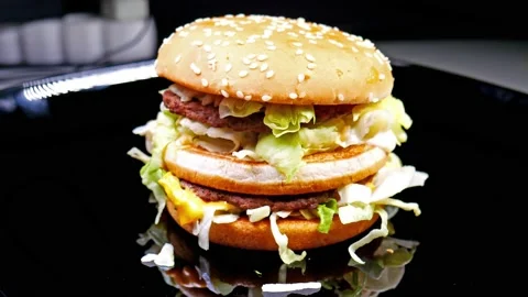 Double Big Burger Hamburger Cheese Beef Patty Salad Bun Video stock 150220137