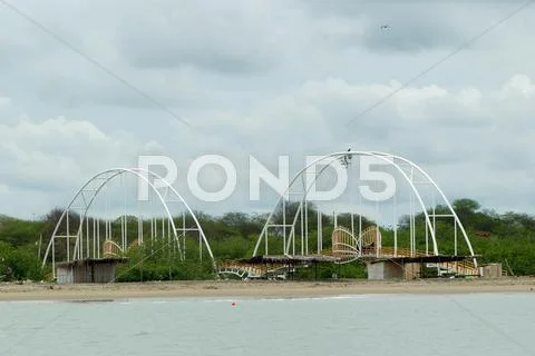 Double Bridge Made By Gas Pipes In Puna Island Ecuador Stock Photos