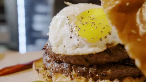 Double burger with egg close up Stock-Footage 153720448