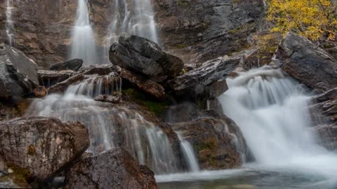 Double Cascading Mountain Waterfall Stream In Jasper Canada Time Lapse 4k Stock Footage 134643278