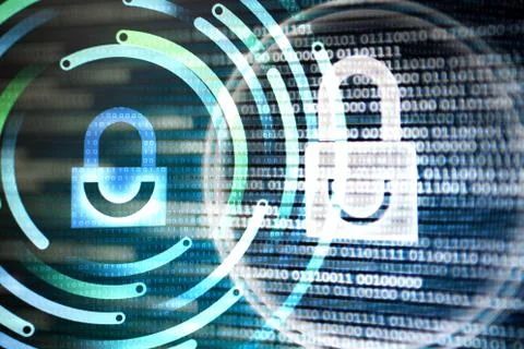 Double check security. double exposure image of padlocks icon on computer scr 스톡 일러스트
