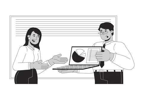 Double checking data with manager black and white flat line illustration Stock Illustration