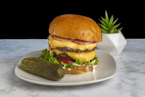 Double cheeseburger on a brioche bun Stock Photos