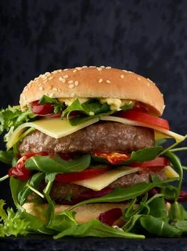 Double cheeseburger with rucola, tomatoes and sauces Stock Photos