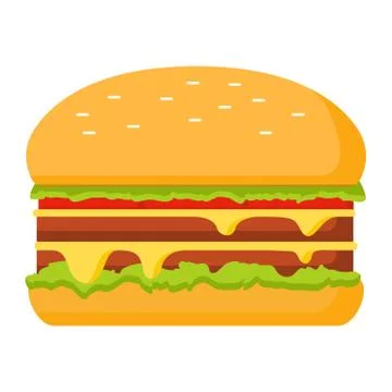 Double cheeseburger with tomato and lettuce leaves,cheese. Stock Illustration