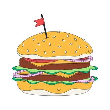Double cheeseburger topped with small flag 2D cartoon object Stock Illustration