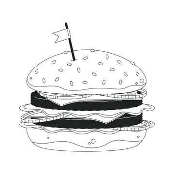 Double cheeseburger topped with small flag 2D line object Stock Illustration