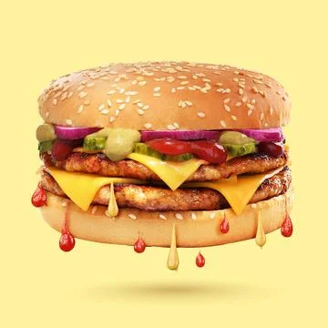 Double cheeseburger on yellow background. Stock Photos