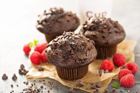 Double chocolate muffins with raspberry Stock Photos