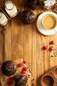 Double chocolate muffins with raspberry Stock Photos