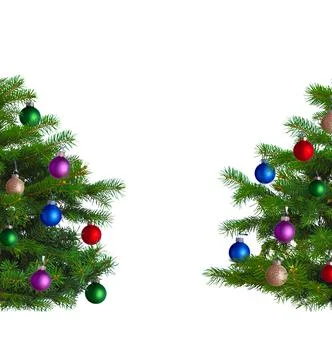 Double christmas tree on white background. Decorated spruce isolate. Stock Photos