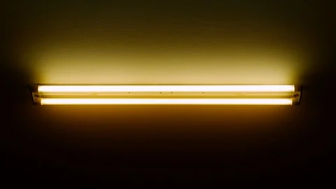 Double cold neon light turning off and on, on the ceiling of a dark, cold Video stock 102638589