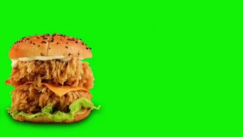 Double Crispy Chicken Burger Drop Animation Green Screen Chroma Key Stock Footage 341586860