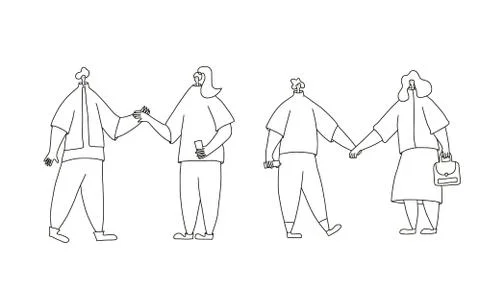 Double dating concept. Two couple of young people holding hands each other is Stock Illustration