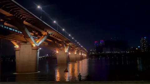 Double-deck bridge showcases modern transportation solutions cars on top, trains Stock Footage 301521910