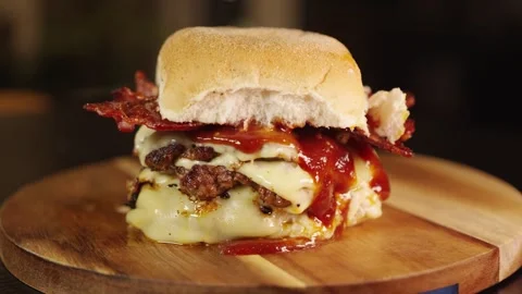 Double Deck Smash Burger with Crispy Bacon Stock Footage 321427820