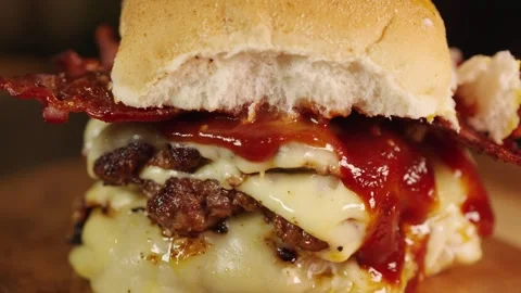 Double Deck Smash Burger with Crispy Bacon Stock Footage 321427822