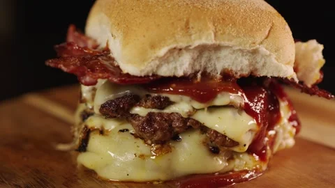 Double Deck Smash Burger with Crispy Bacon Stock Footage 321427823