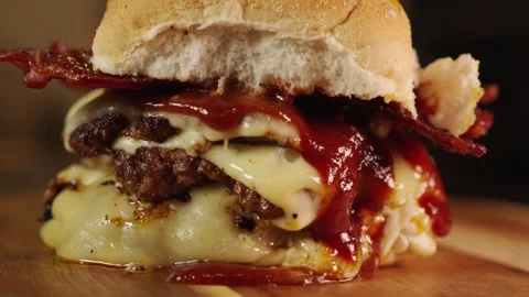 Double Deck Smash Burger with Crispy Bacon Stock Footage 321427824